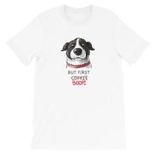 Load image into Gallery viewer, But First Coffee Boop Border Collie Portrait Short Sleeve White T-Shirt Tee