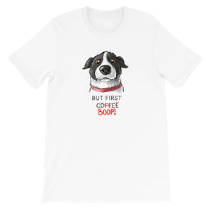 But First Coffee Boop Border Collie Portrait Short Sleeve White T-Shirt Tee