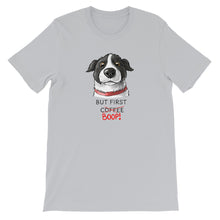 Load image into Gallery viewer, But First Coffee Boop Dog Selfie Short Sleeve Silver T-Shirt Tee