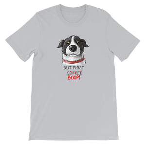But First Coffee Boop Dog Selfie Short Sleeve Silver T-Shirt Tee