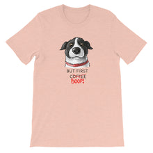 Load image into Gallery viewer, But First Coffee Boop Border Collie Portrait Short Sleeve Heather Prism Peach T-Shirt Tee