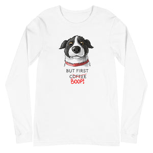 But First Coffee Boop Border Collie Portrait Long Sleeve White T-Shirt Tee