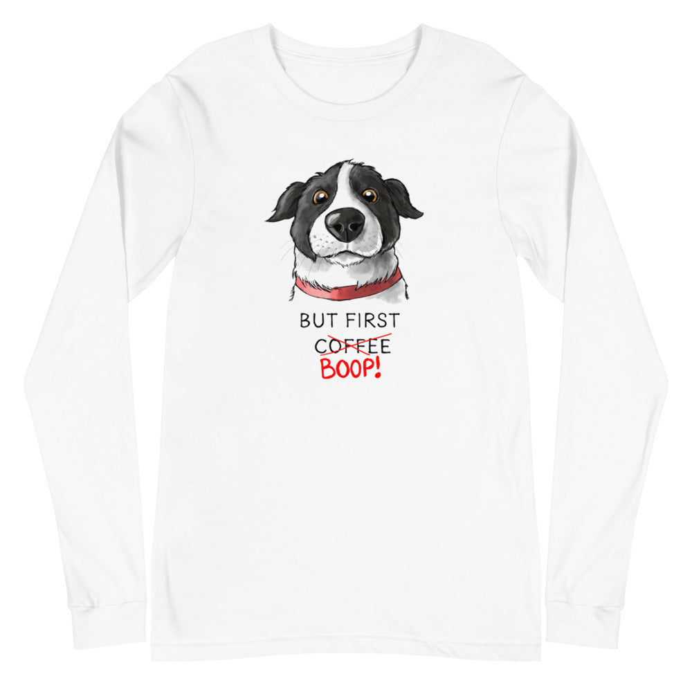 But First Coffee Boop Border Collie Portrait Long Sleeve White T-Shirt Tee