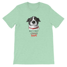 Load image into Gallery viewer, But First Coffee Boop Dog Selfie Short Sleeve Heather Prism Mint T-Shirt Tee